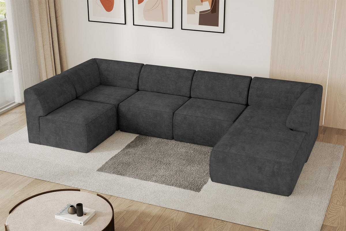 WOHNLANDSCHAFT Ottomane Rechts MOVO-L 345x180x78 cm Dunkelgrau Velours - Eschefarben, Holzwerkstoff/Kunststoff (180/78/345cm) - ALTDECOR