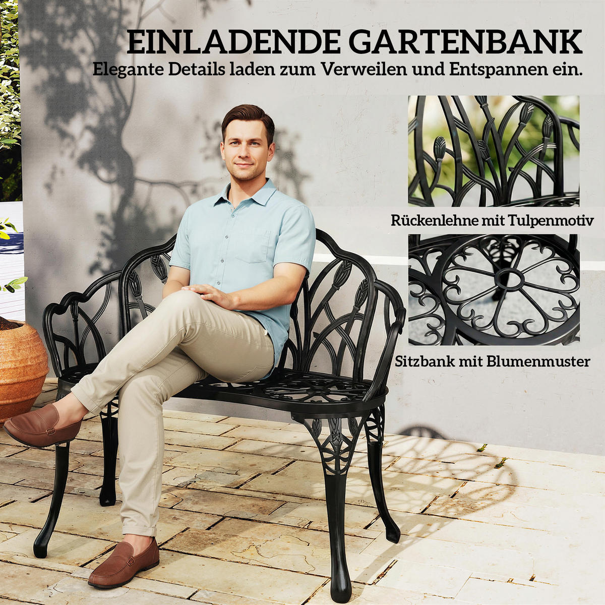 GARTENBANK 2-Sitzer DE-08350 Tulpen-Rückenlehne, Gussaluminium Grün - Schwarz, Metall (99/78/57cm) - ComfortXL