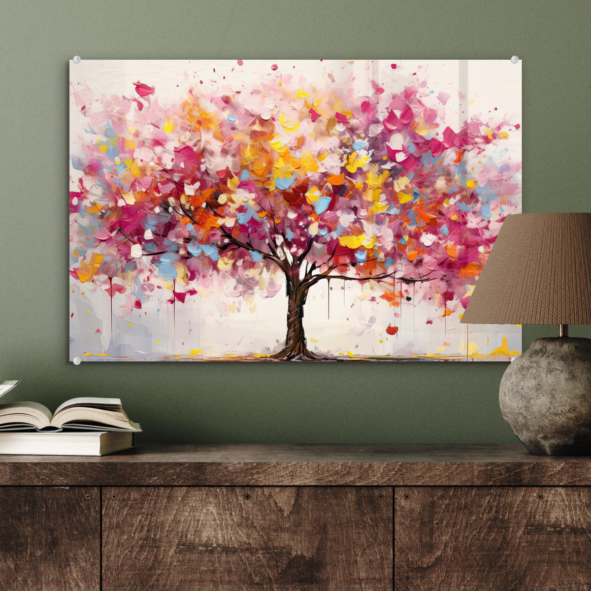 ACRYLGLASBILD Aquarell - Baum - Kunst - Abstrakt 60x40 cm - Multicolor, Glas (60/40cm) - MuchoWow