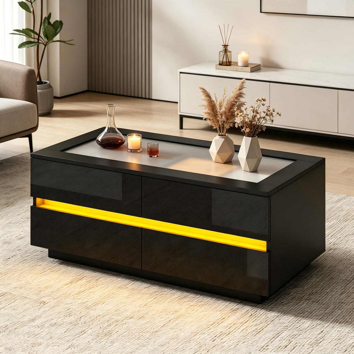 COUCHTISCH in Schwarz mit 4 Schubladen und LED-Beleuchtung für Wohnzimmer, B100/T50/H30 cm - Schwarz, Glas/Holzwerkstoff (50/100/40cm) - STILVORA