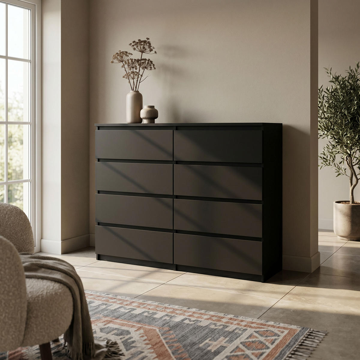 KOMMODE NUDO 138,5/101,5/39cm mit 8 Schubladen Türen Schwarz - Schwarz, Holzwerkstoff (138.5/101.5/39cm) - MASSENO