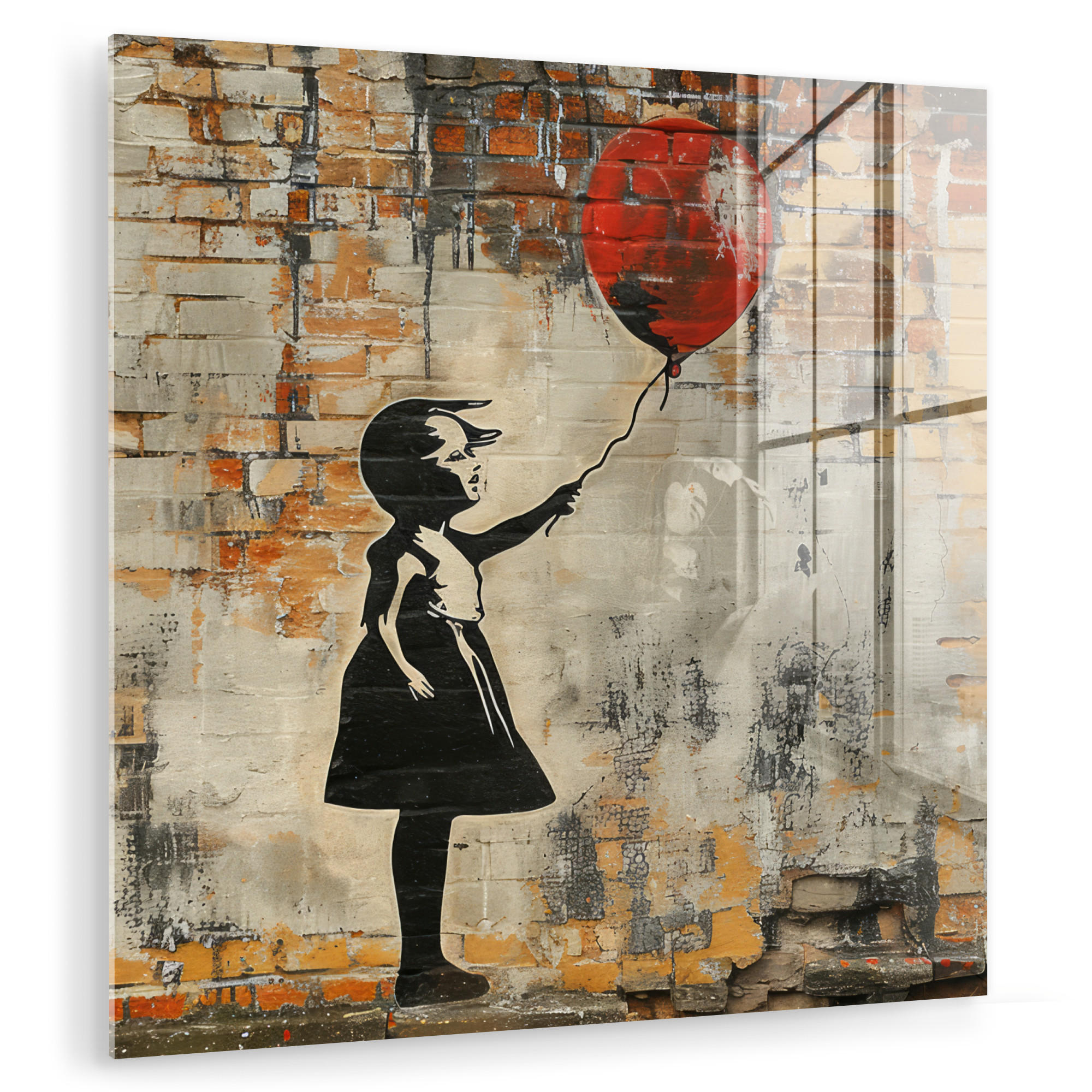 ACRYLGLASBILD Graffiti - Banksy - Mädchen - Straßenkunst 50x50 cm - Sandfarben, Glas (50/50cm) - MuchoWow