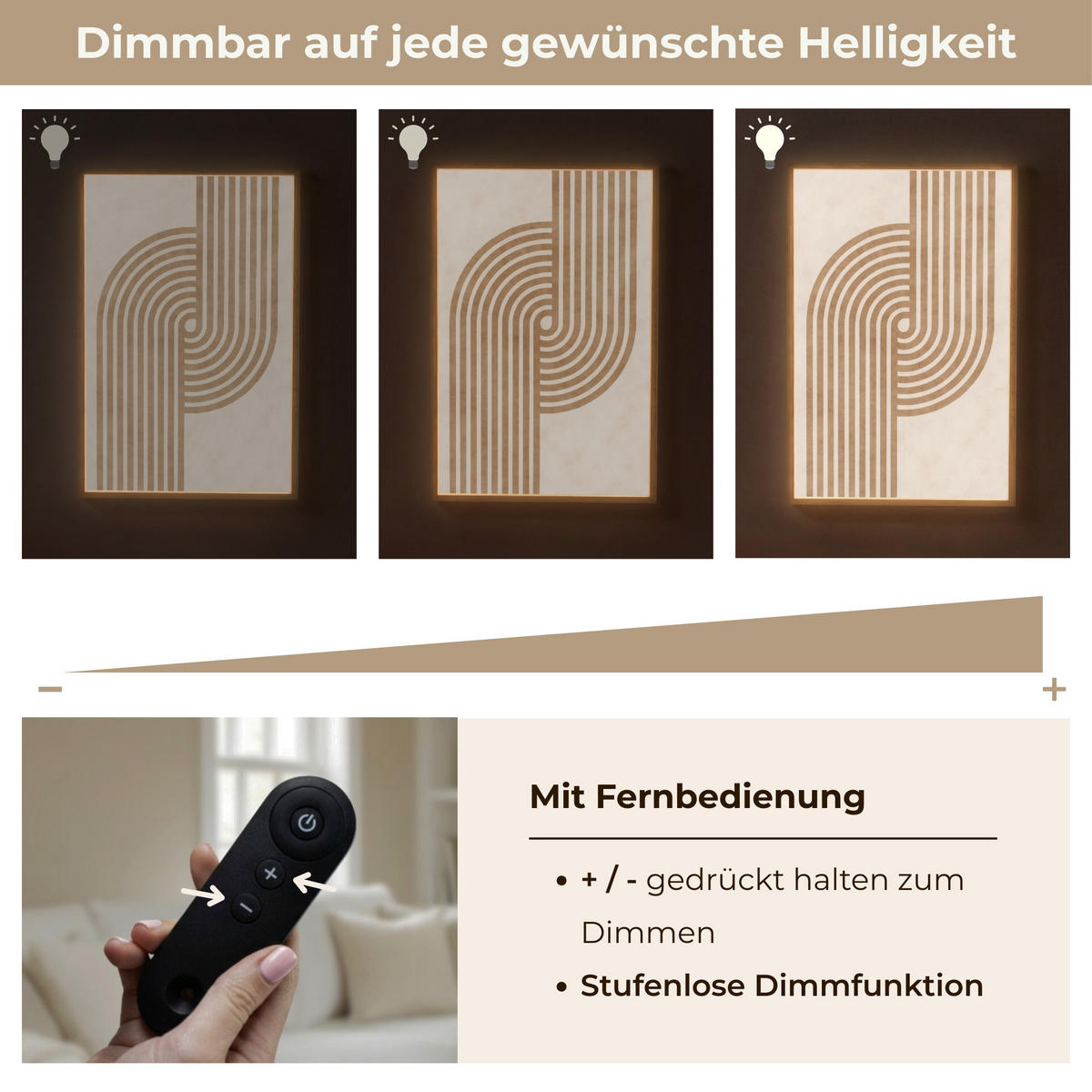 NÁSTĚNNÁ LAMPA S AKUMULÁTOREM Symetrický ohyb - měděná barva 60x90 cm - béžová, kompozitní dřevo (60/90/8cm) - OnlyWow