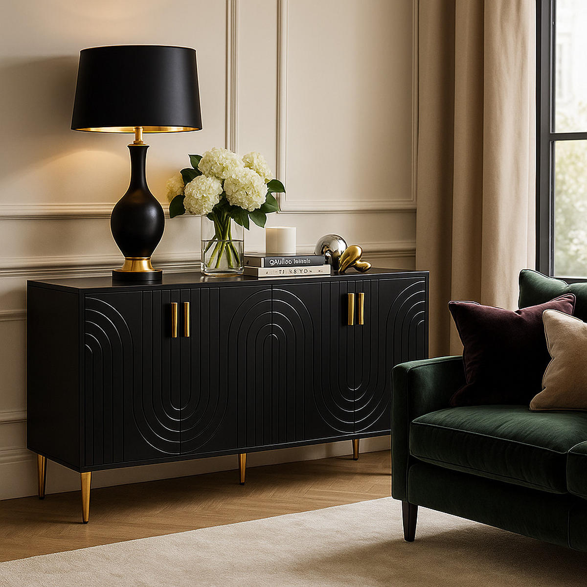 SIDEBOARD mit 3 Türen Schwarz mit Goldenen Akzenten - Schwarz, Holzwerkstoff/Metall (152/75/40cm) - Urban Meuble
