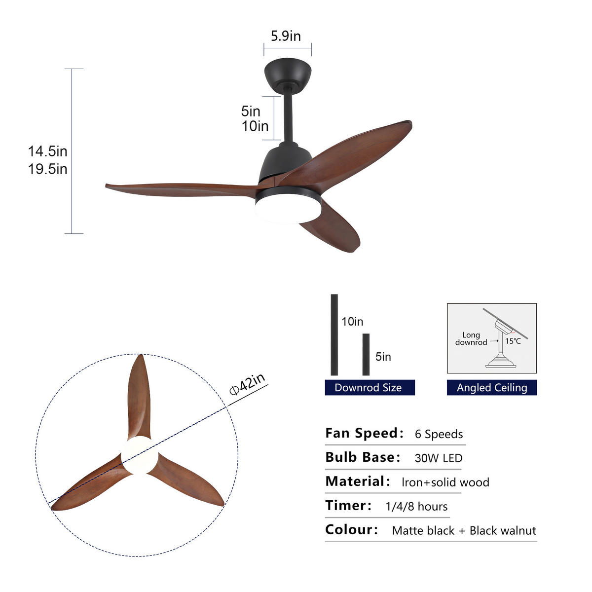 DECKENVENTILATOR DE-16250 36 Zoll mit Steuergriff & LED Naturholz - Walnussfarben, Holz (107/107/45cm) - ComfortXL
