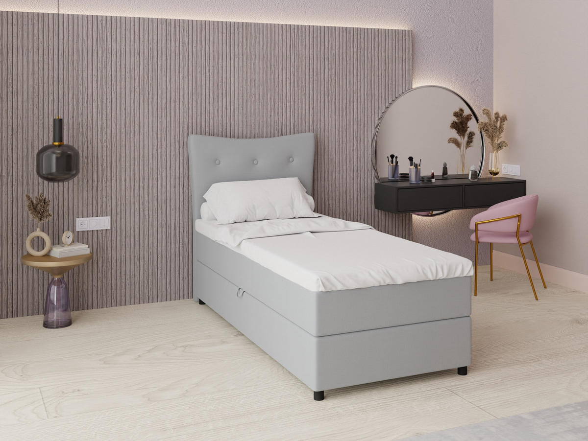 BOXBETT Nevada 90 x 200 cm Doppelbett mit hochwertiger Bonell-Matratze und Topper - grau - Grau, Holz (90/200cm) - Panda Möbel