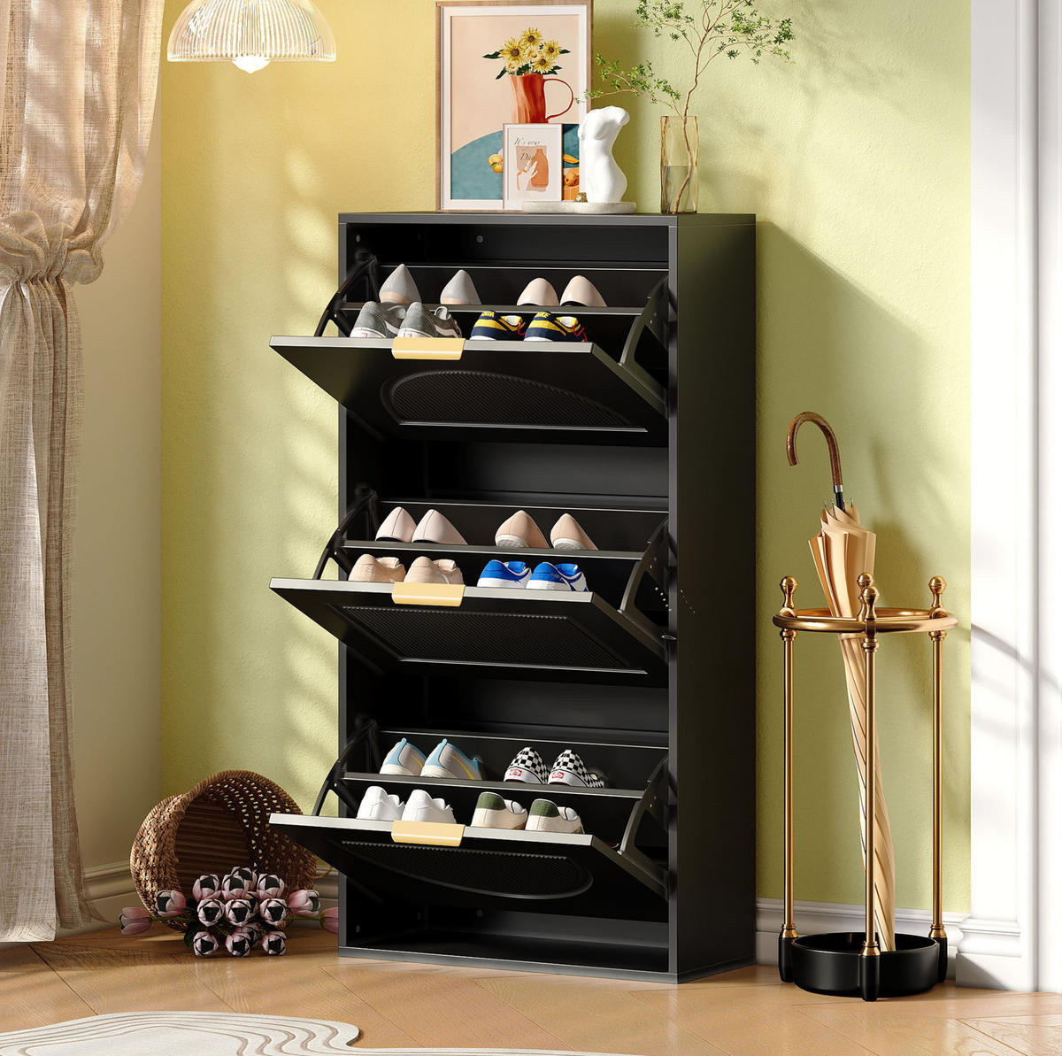 SCHUHSCHRANK aus MDF & Spanplatte 60x24x114cm in Schwarz mit Kippsicherung - Schwarz, Holzwerkstoff (60/114/24cm) - Modfu