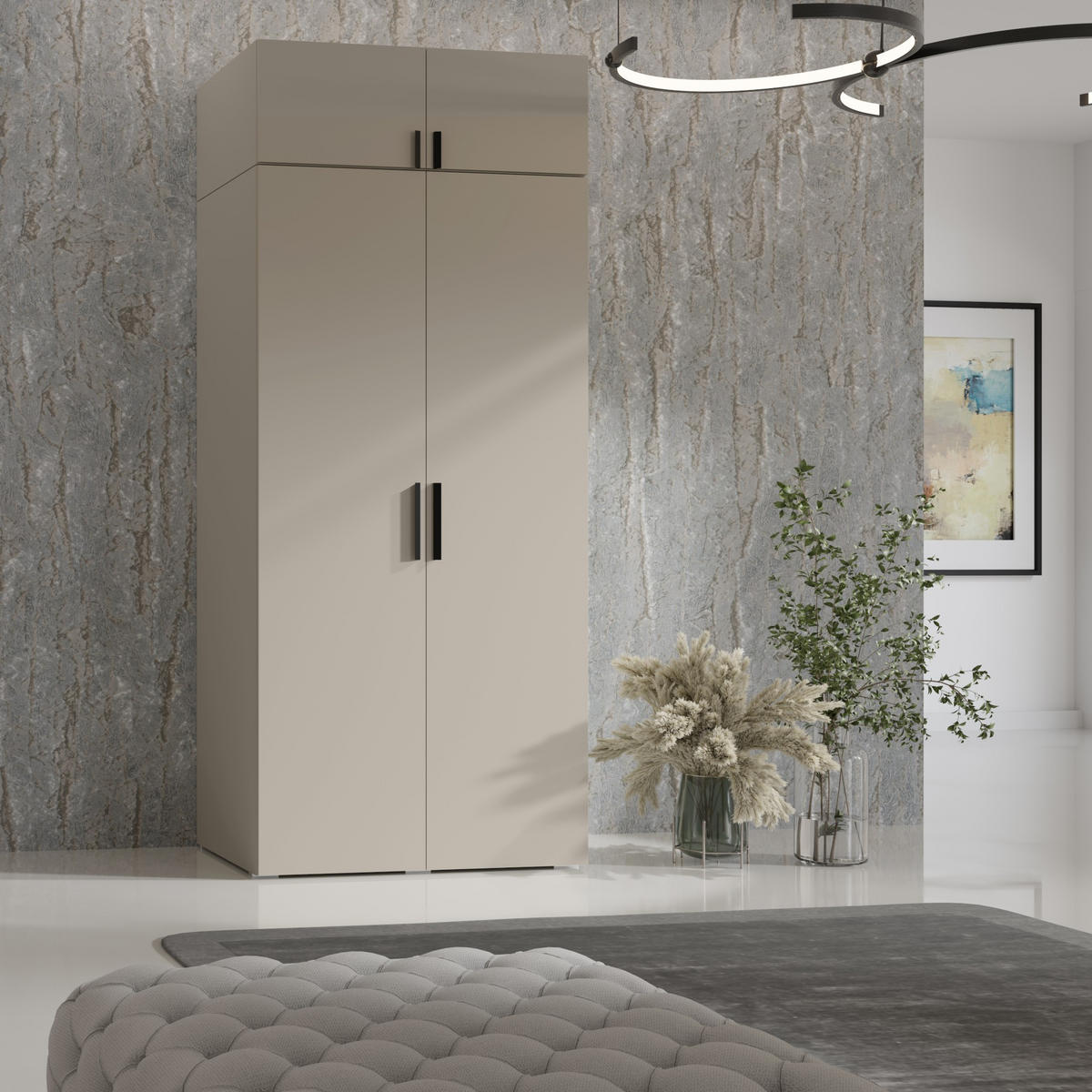 DREHTÜRENSCHRANK mit Aufsatz Napoli 2D 100 Kaschmir (schwarzer oder goldener Griff) - Kaschmir/Silberfarben, Holzwerkstoff/Kunststoff (100/35/60cm) - mzm24