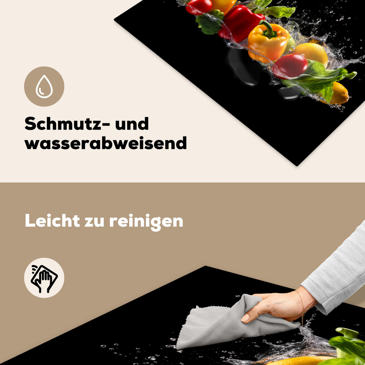 HERDABDECKPLATTE Paprika - Wasser - Gemüse - Schwarz Induktionsmatte 77x59 cm - Multicolor, Kunststoff (77/59/0.2cm) - MuchoWow