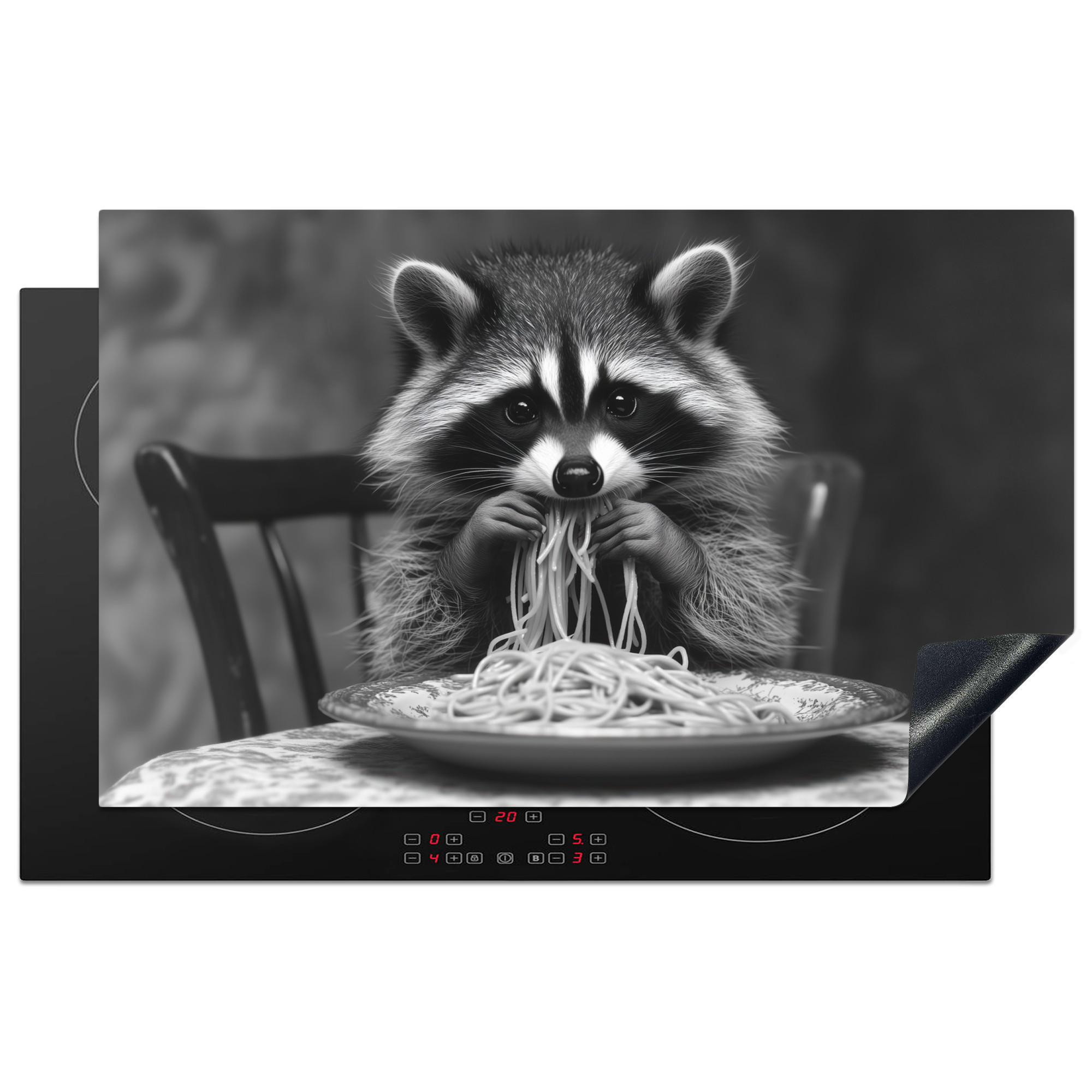 HERDABDECKPLATTE Waschbär - Niedlich - Pasta - Tischtuch - Schwarz - Weiß Induktionsmatte 83x51 cm - Grau, Kunststoff (83/51.5/0.2cm) - MuchoWow