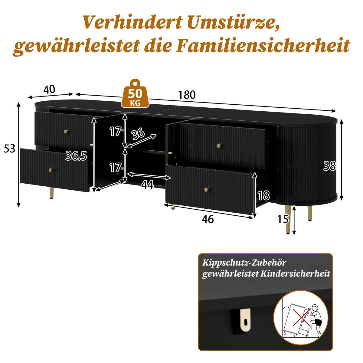 TV-ELEMENT 180/40/53 cm Schwarz mit 4 Schublade - Schwarz, Holz (180/53/40cm) - Oxeza