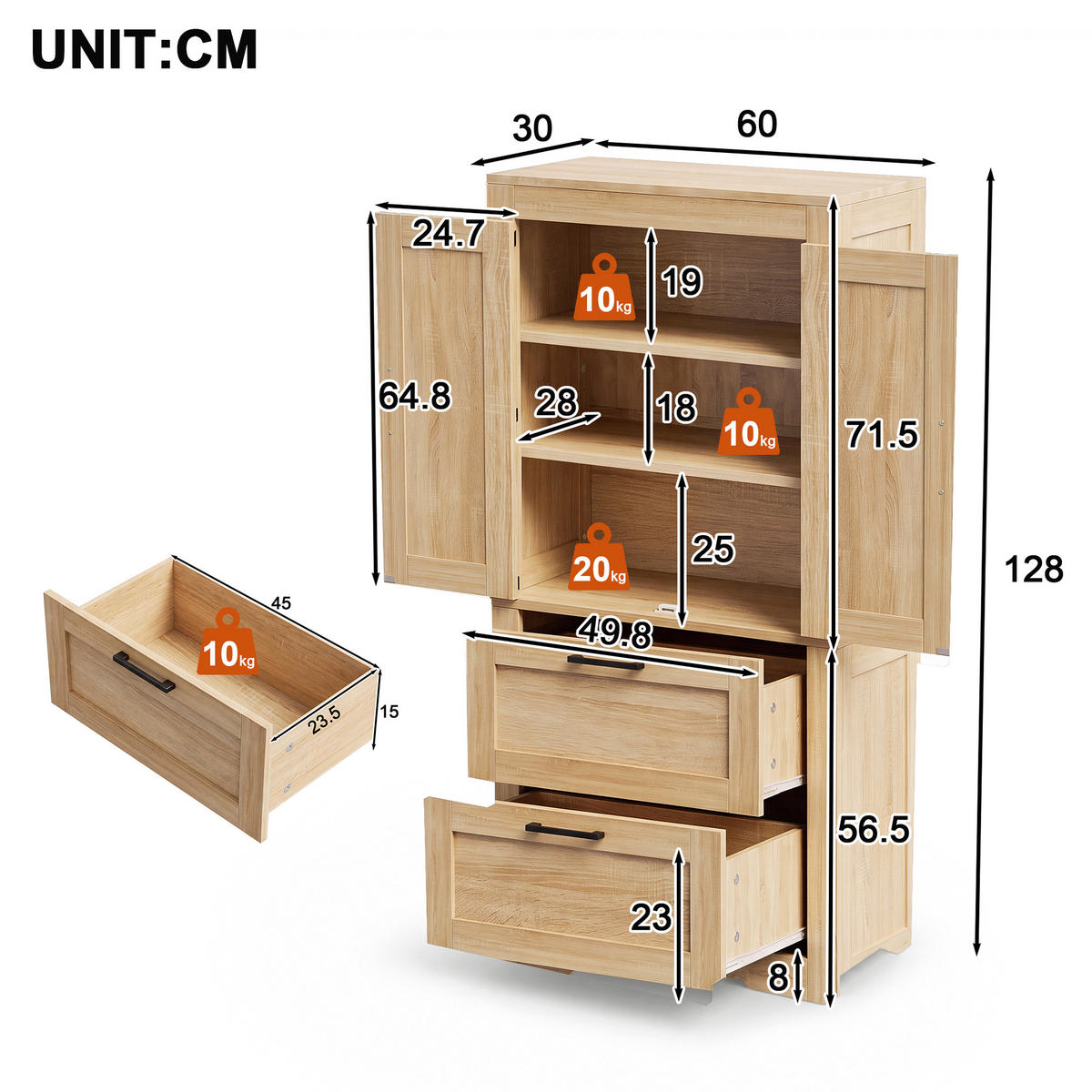 HIGHBOARD DE-38698 60/30/128 cm 2 Schubladen und Scheunentür Naturholz - Naturfarben, Holzwerkstoff (60/128/30cm) - ComfortXL