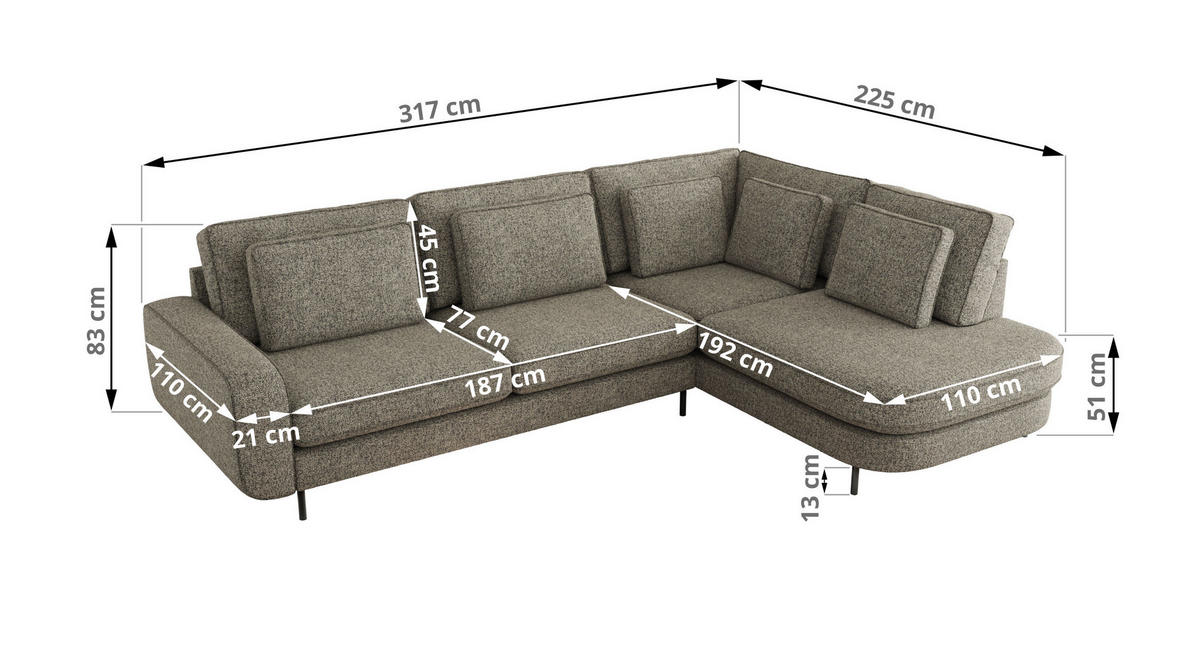 ROHOVÁ SEDAČKA CALENO L - Šedá Strukturovaná látka - Levá Strana - šedá/černá, kov/textil (317/225cm) - MKS