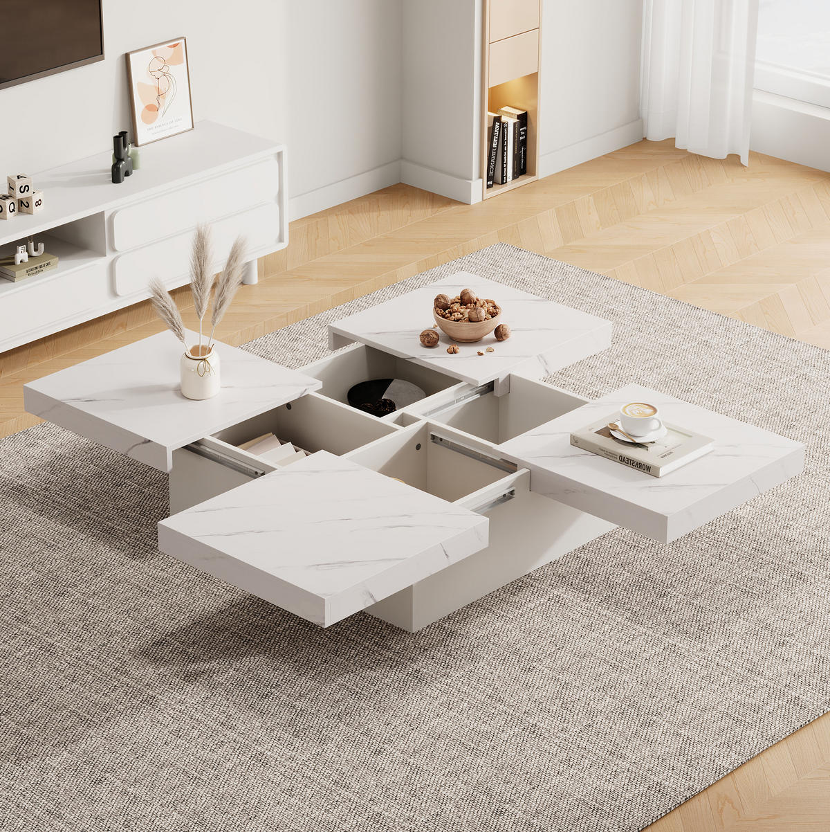 COUCHTISCH 90/90/25 cm weiß aus Spanplatte mit schiebbarer Tischplatte und Schubladen - Weiß, Holzwerkstoff (90/90/25cm) - OKMYHOME