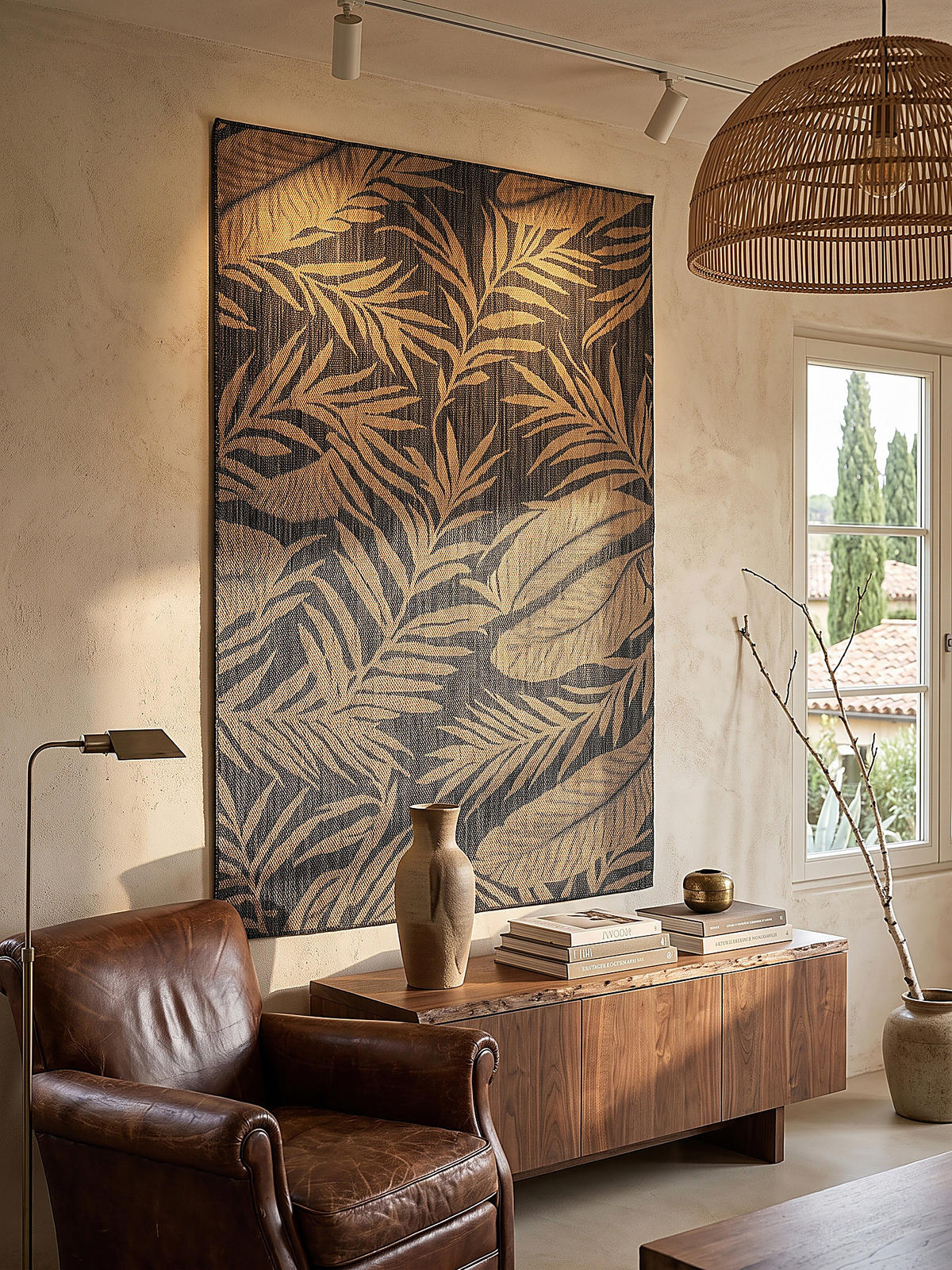 TEPPICH Flachgewebe, Outdoor, Fußbodenheizung-geeignet, mit Blattmotiv, VIGOLENO in Schwarz-Beige, 240 x 340 cm - Schwarz, Textil (240/340cm) - KADIMA DESIGN
