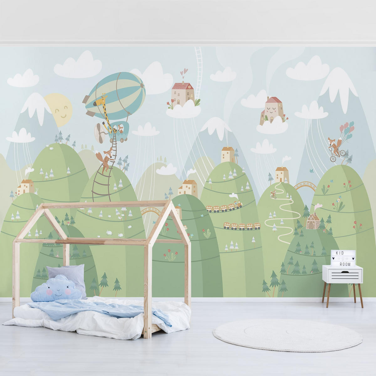 FOTOTAPETE Wald mit Häusern und Tieren 288/190 cm - Grün, Papier (288/190cm) - Bilderwelten