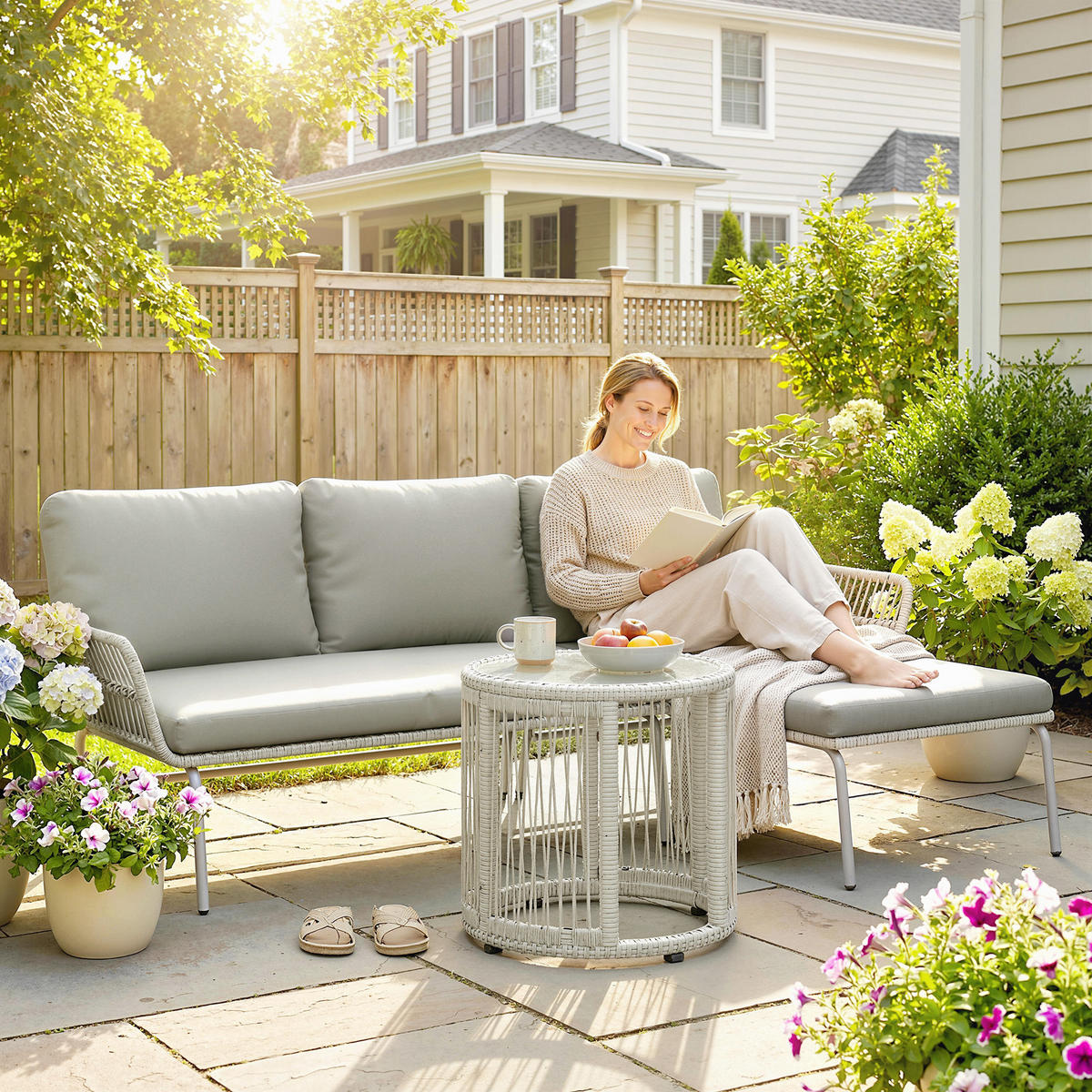 RATTAN-GARTENMÖBEL-SET 3er Set PE-Rattan Metall Hellgrau - Hellgrau, Kunststoff/Textil - Outsunny