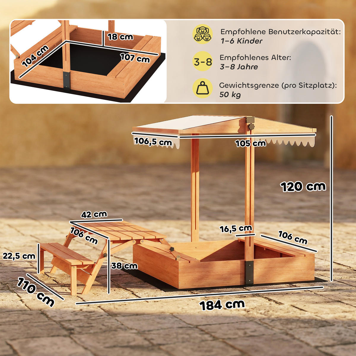 SANDKASTEN Tannenholz Polyester Braun - Braun, Holz (184/110/120cm) - AIYAPLAY
