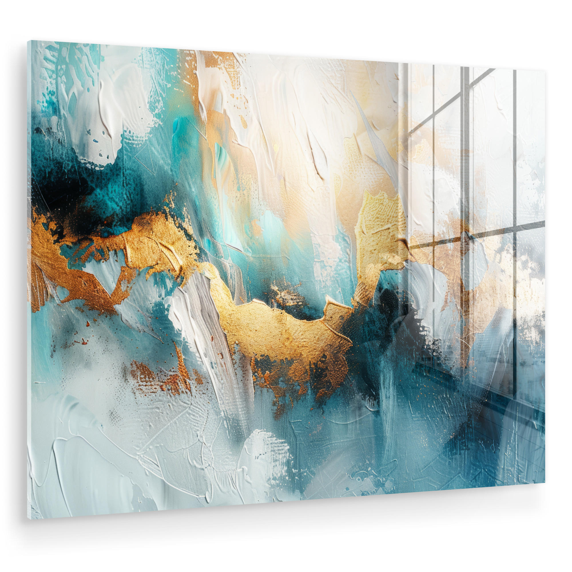 ACRYLGLASBILD Abstrakt - Kunst - Gold - Blau 80x60 cm - Petrol, Glas (80/60cm) - MuchoWow