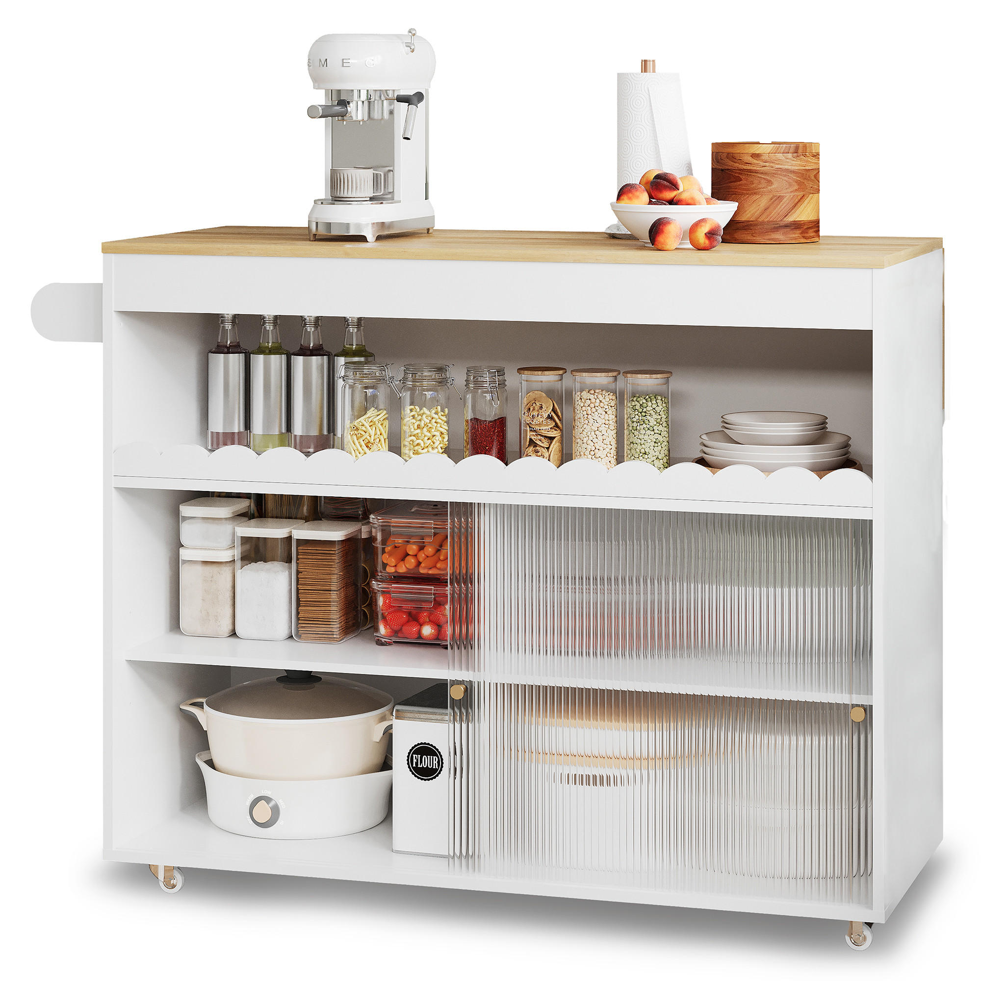 KÜCHENINSEL Weiß-Natur aus MDF mit klappbarer Eichenfurnier-Platte 122 × 69 × 91 cm - Weiß, Holzwerkstoff (122/91/69cm) - Luhomfu