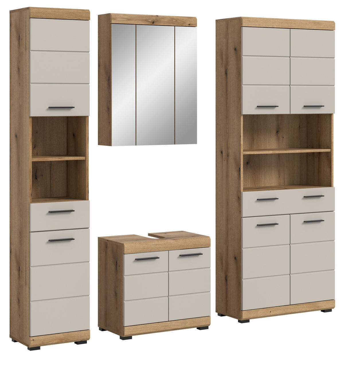 BADMÖBEL Set 4-teilig in Sand Kashmir und Evoke Eiche Badkombination 200 x 191 cm Shawn - Kaschmir/Eichefarben, Glas/Holzwerkstoff (201/191/34cm) - Inn.Furn