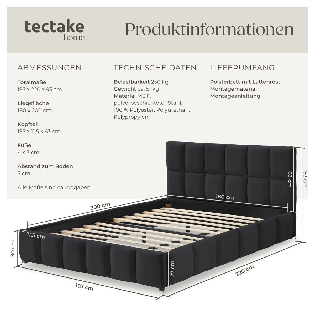 POLSTERBETT Shirley, Belastbarkeit 250 kg, Samtoptik schwarz - Schwarz/Samtahornfarben, Holz (180/200cm) - tectake