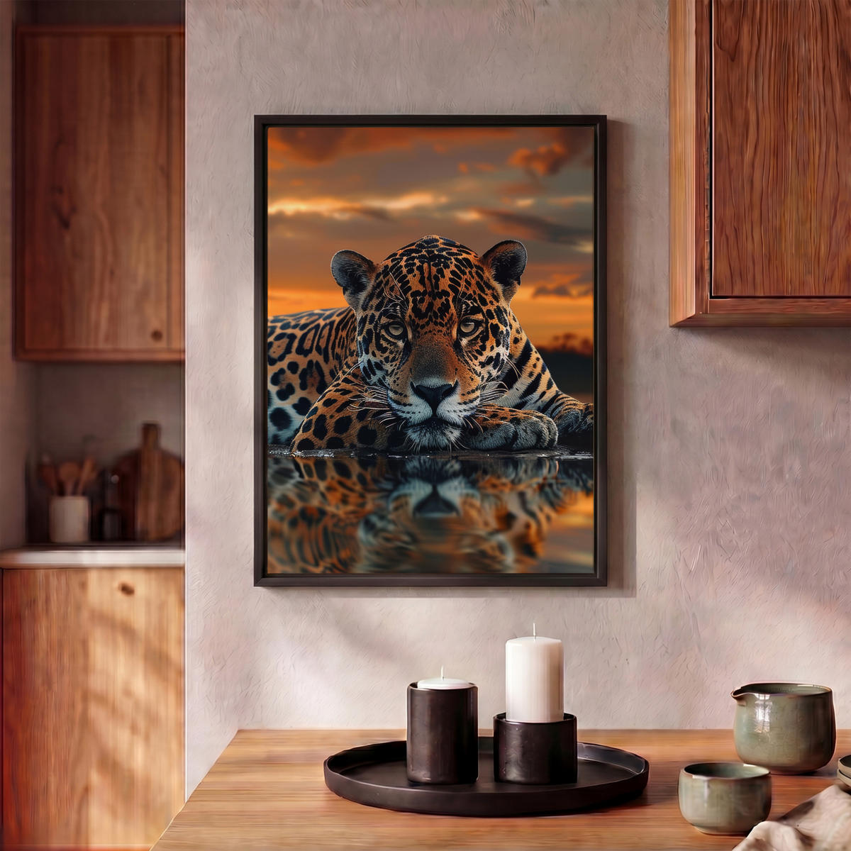 LEINWAND Bilder mit Rahmen - Natur - Leopard - Tier - Sonnenuntergang - Modern - 30x40 - Orange, Textil (30/40cm) - MuchoWow