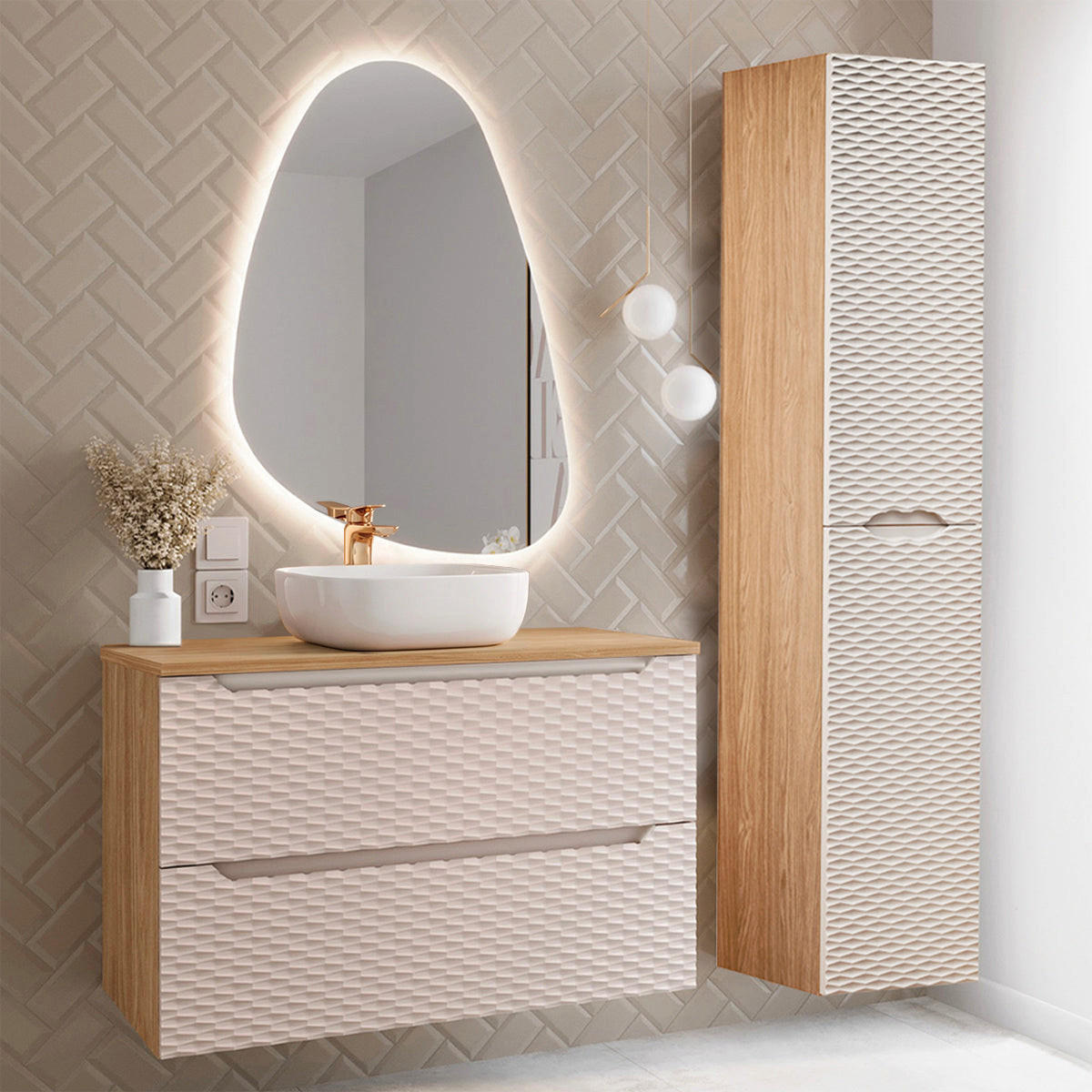 KÚPEĽŇOVÝ NÁBYTOK 90cm Elora 2-dielna súprava Béžová a drevo - hnedá, kompozitné drevo (90/59/46cm) - Petits-meubles