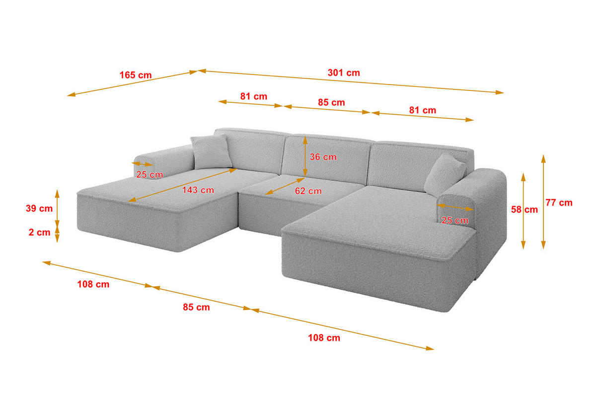 WOHNLANDSCHAFT IREA-U1-v3 - 301x165x77 cm Hellgrau - Hellgrau, Holzwerkstoff/Textil (301/77/165cm) - ALTDECOR