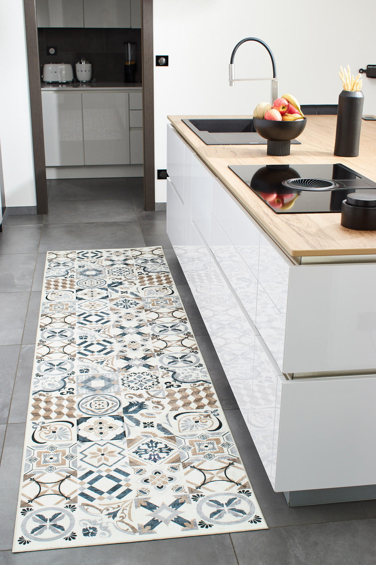 KÜCHENTEPPICH mit braunem Zementfliesenmuster Azulejo 80x300 cm - Braun, Textil (80/300cm) - Nazar Rugs
