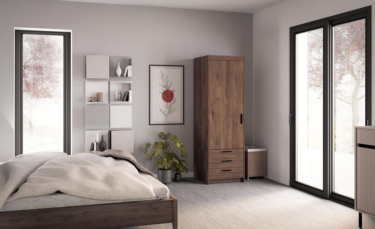 KLEIDERSCHRANK Storicos Eiche Lefkas 59,9/190,5/53 cm - 1T3S Modern mit Schubladen - Braun, Holzwerkstoff/Kunststoff (59.9/190.5/53cm) - AX Living