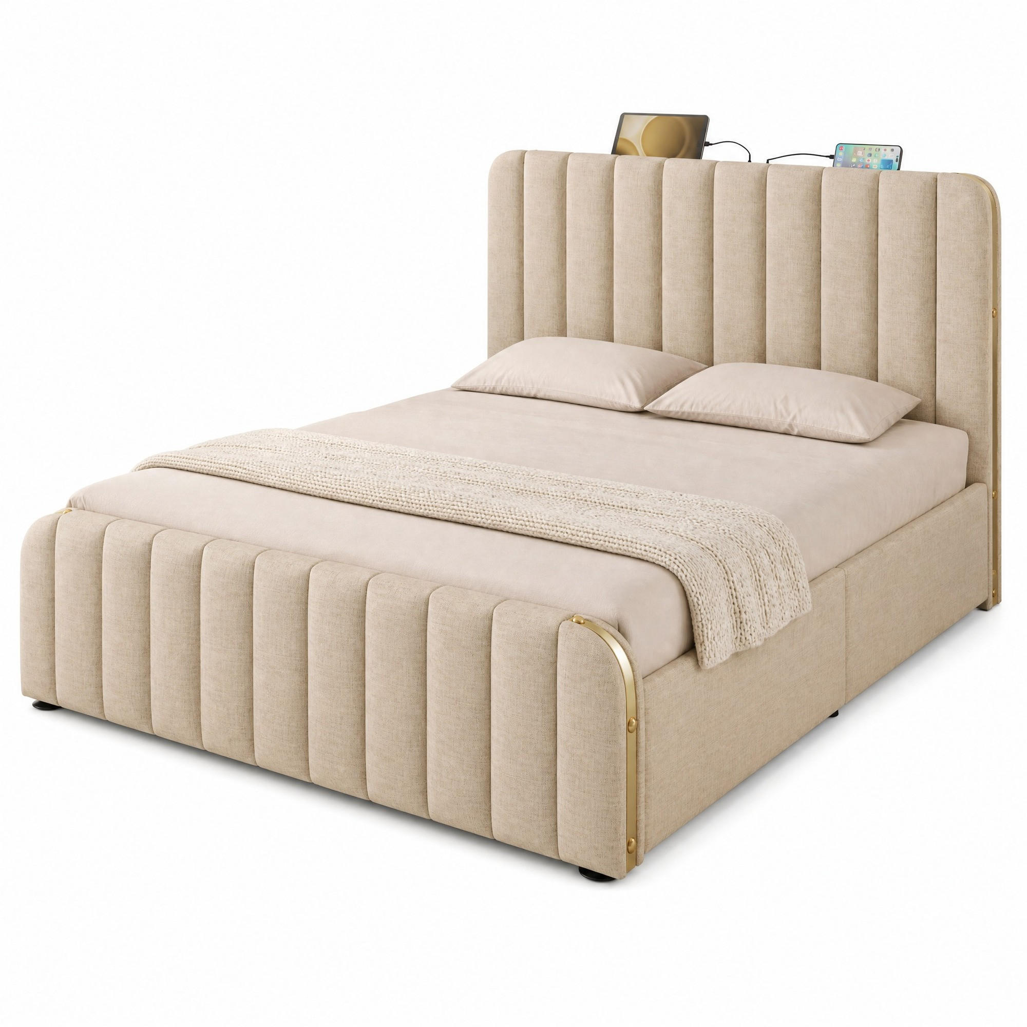 POLSTERBETT 160/200 mit Bettkasten und USB-C in Beige - Beige, Holzwerkstoff/Textil (160/200cm) - EVRYAE