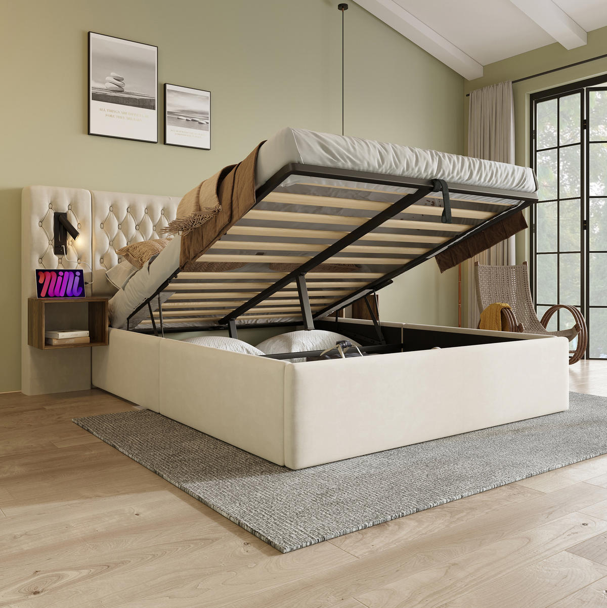ČALOUNĚNÁ postel 160/200 cm béžová ze sametu s úložným prostorem a 2 nočními stolky - béžová, textil (160/200cm) - OKWISH