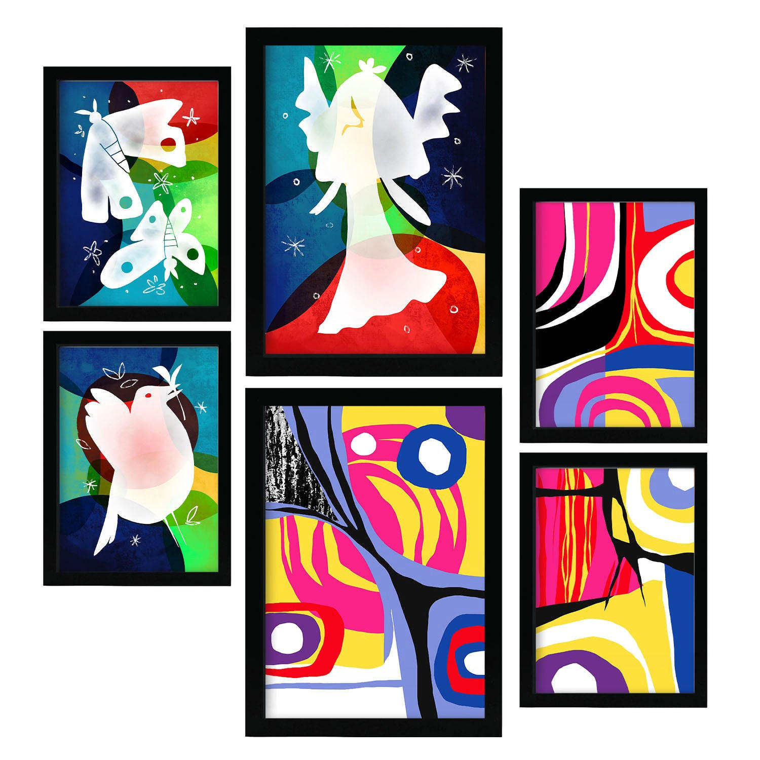 POSTER Set Mit 6 Flügel Des Friedens In Farbenfrohe Abstracts Ästhetische Dekorative Gemälde Für Ihr Wohnzimmer Zuhause A3 & A4 Schwarzer Rahmen - Schwarz, Papier (29/3cm) - Nacnic