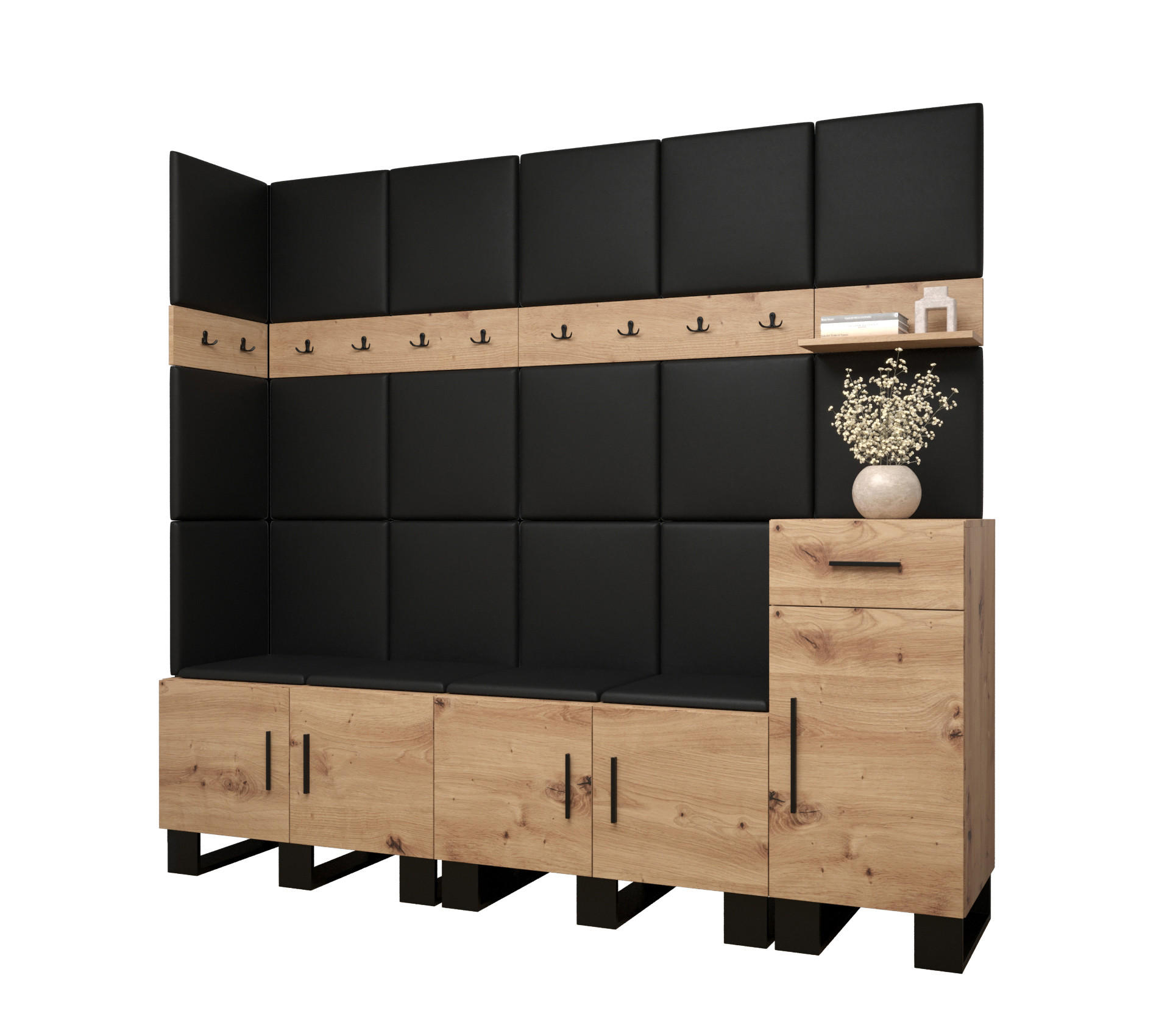 Abiks Möbel Garderoben-Set Eiche Artisan, Schwarz 210x196x45.6 cm