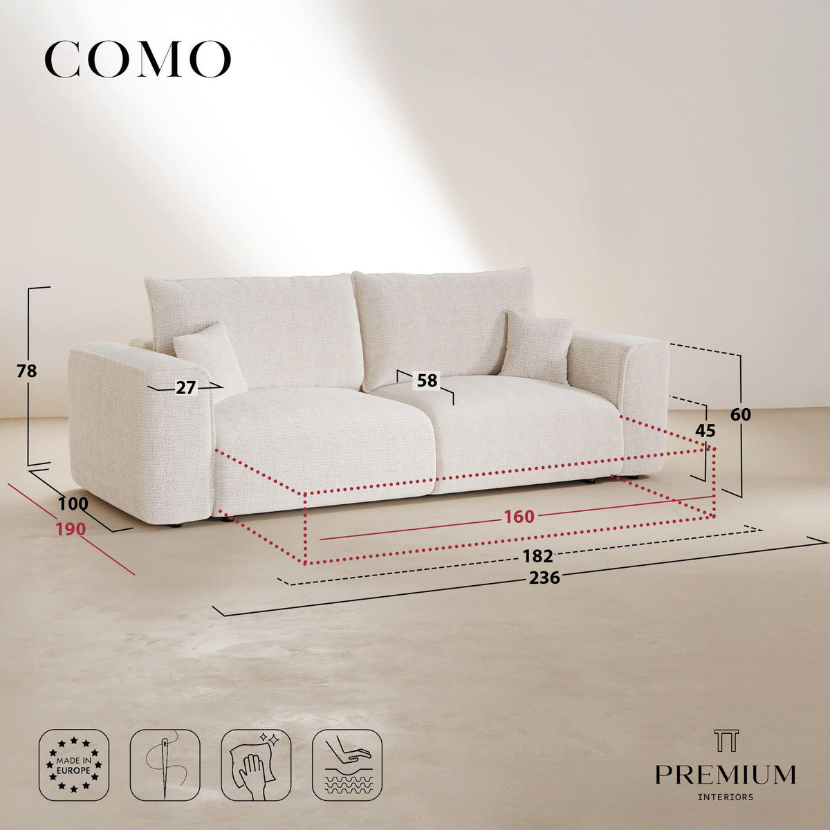 SCHLAFSOFA Express COMO Bouclé-Stoff Hellgrau 236cm - Hellgrau/Grau, Textil (236/78/100cm) - Premium Interiors