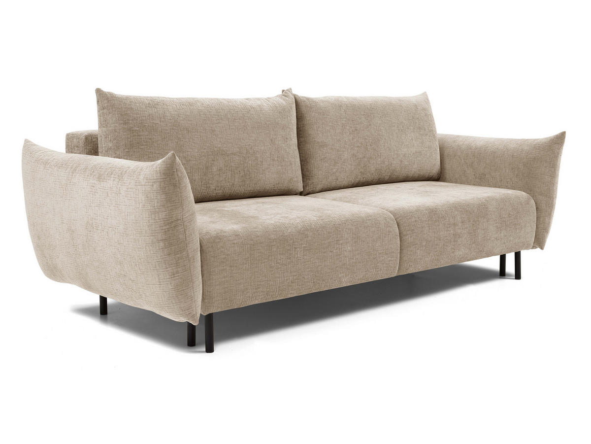 SOFA ADEL - Schlaffunktion Und Bettkasten, Wellenfederung, PUR-Schaum, Schwarze Metallfüße lose Rückenkissen, freistehend, 240x108x75 cm Beige - Beige, Holz/Textil (240/75/108cm) - DomoHome