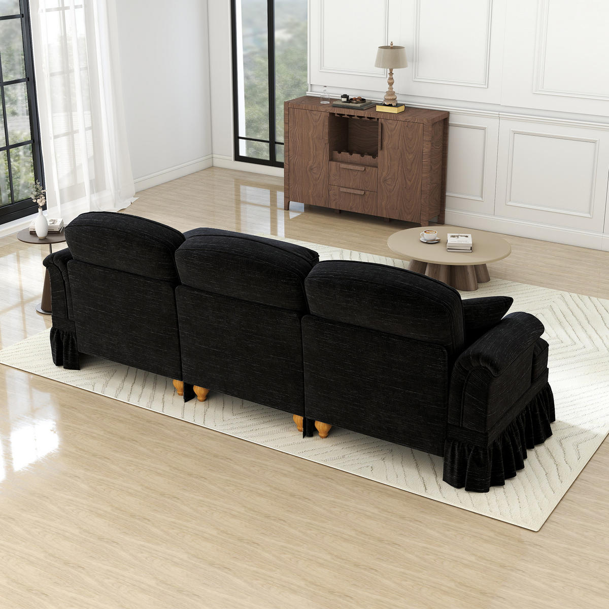MODULARES Ecksofa Chenille mit Hocker und variabler Rüschenrock-Look 272/140/93 cm Schwarz - Schwarz, Textil (140/272cm) - Redom