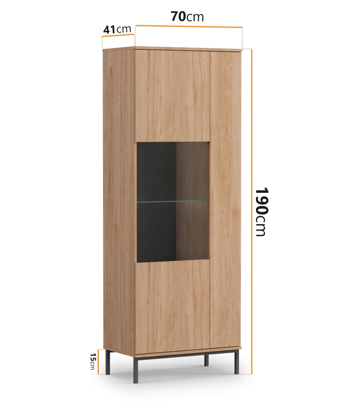 VITRINE Dallas 70/41/190 Hikora - Eichefarben/Schwarz, Glas/Holzwerkstoff (70/190/41cm) - Ravio