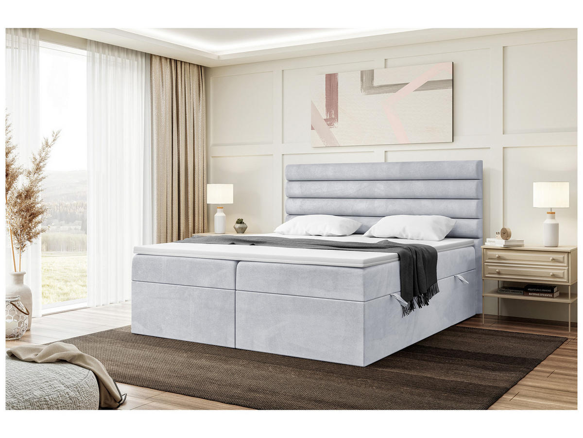 BOXBETT KARIM 140x200 cm in Hellgrau Samt - Hellgrau/Schwarz, Holz/Holzwerkstoff (140/200cm) - Meblini