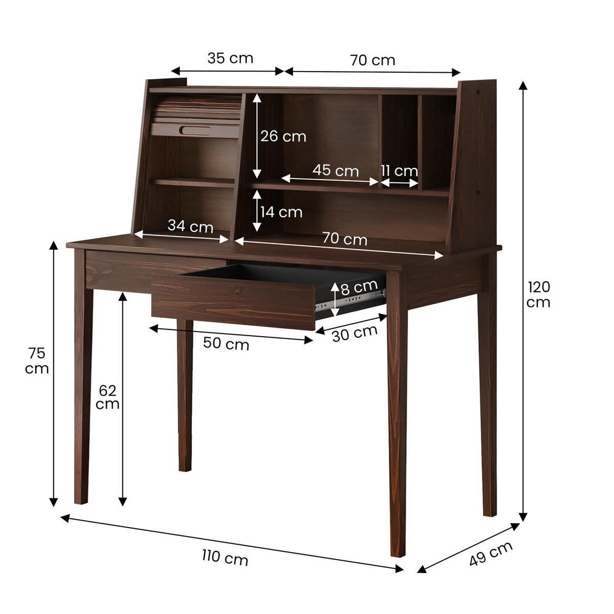 SCHREIBTISCH ALISA nussbaum - Nussbaumfarben, Holz (54/114/122cm) - IDIMEX