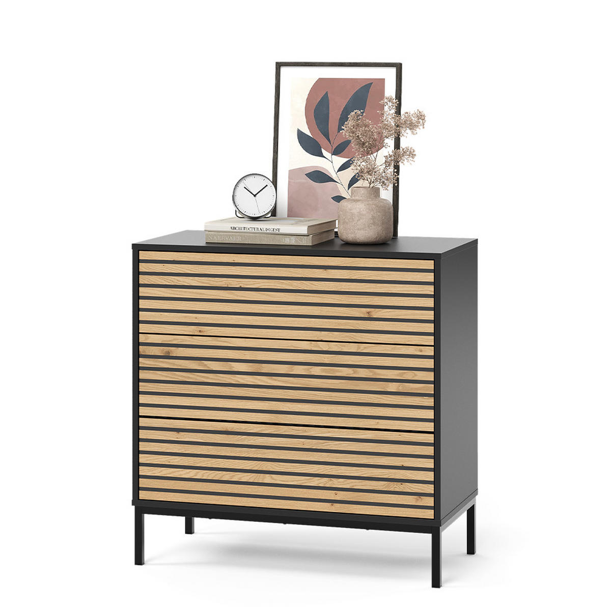 KOMMODE Eliza Schwarz/Eiche 80 x 81.2 cm 2 Schubladen - Honigeiche/Anthrazit, Holzwerkstoff (80/81.2/40cm) - Vicco