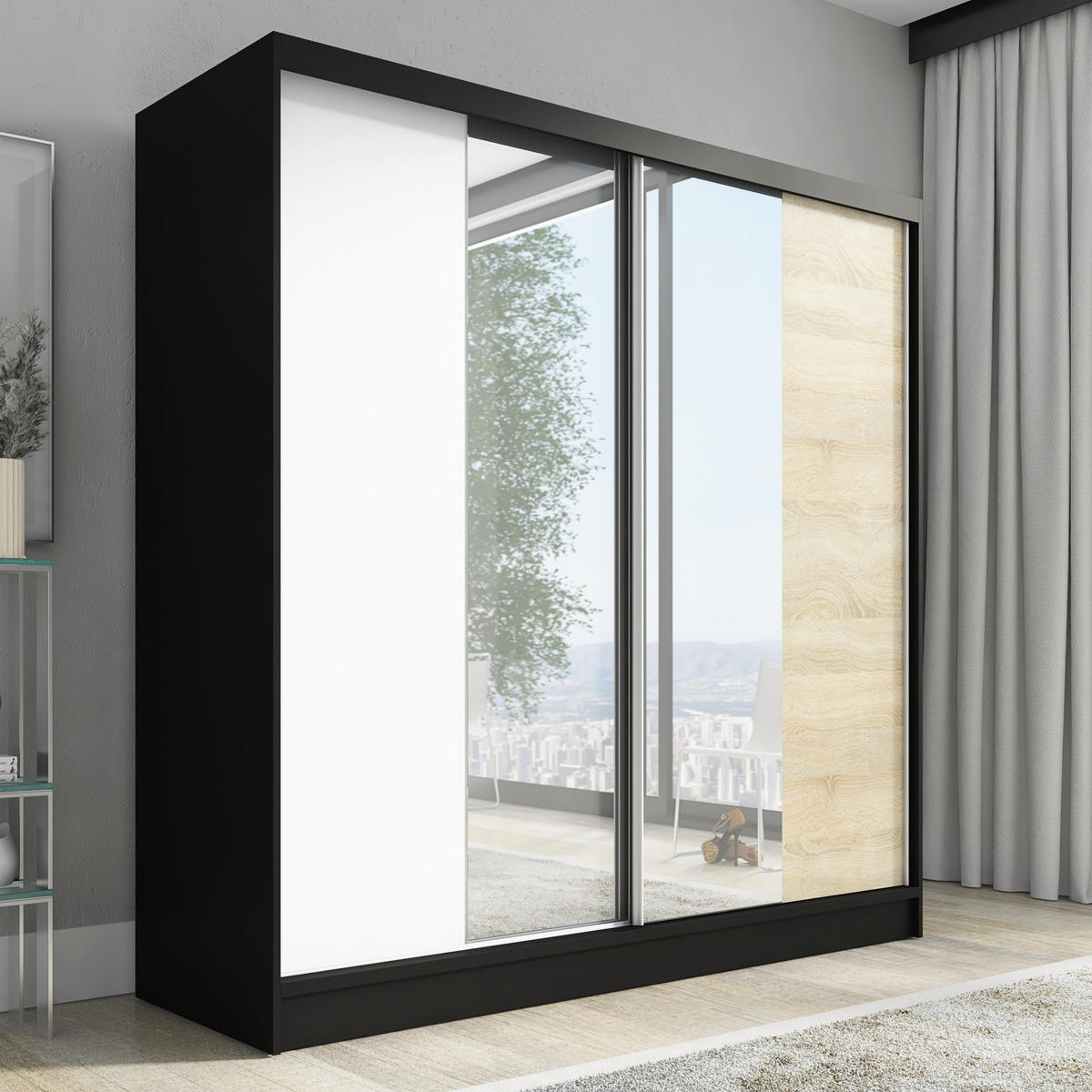 SCHWEBETÜRENSCHRANK 200 CM DUO Farbe: Schwarz | weiß | sonoma - Schwarz/Weiß, Holzwerkstoff (200/215/60cm) - A&J MöbelLand