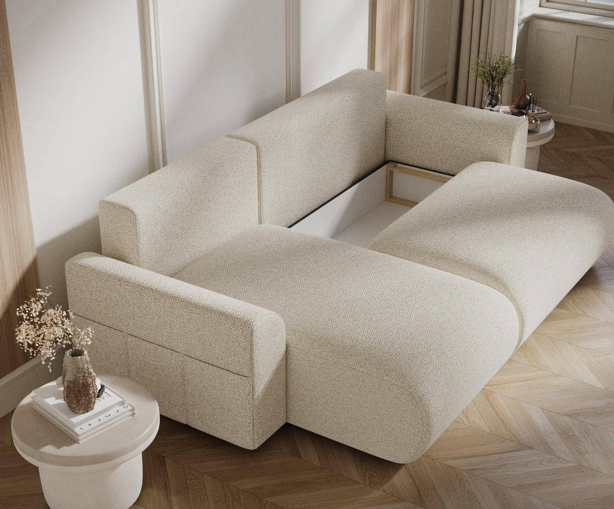 ECKSOFA MIT SCHLAFFUNKTION Bodega Creme Plüschstoff - Creme/Schwarz, Holz/Holzwerkstoff (235/138cm) - Maison de Reve
