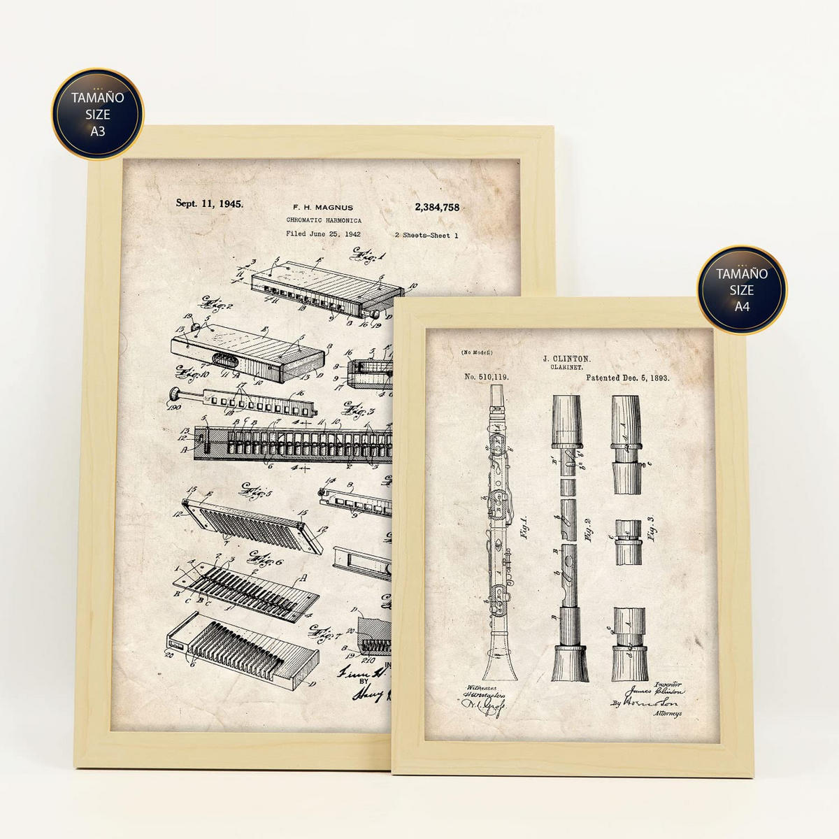 POSTER Set Mit 6 Mit Blasinstrument Patenten Im Vintage Stil A3 & A4 Rahmen Aus Hellem Holz - Beige, Papier (29/3cm) - Nacnic