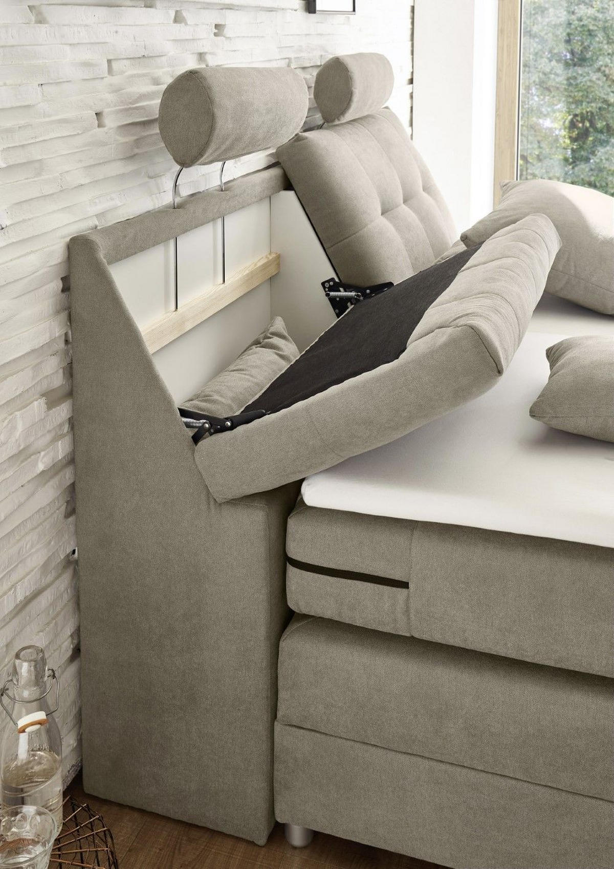 BOXSPRINGBETT inkl. Elektrofunktion, 7-Zonen-Tonnentaschen-Federkernmatratze und Komfort T25 Schaumtopper - Taupe/Beige, Holz/Holzwerkstoff (180/200cm) - ed exciting design