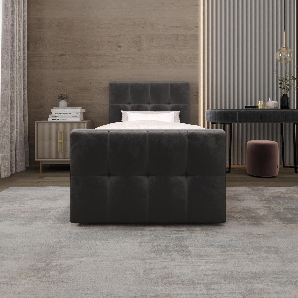 BOXBETT MANHATTAN mit Matratze H3, Bonell und Topper 100x200 Monolith 92 - Grau, Textil (100/200cm) - Bedante