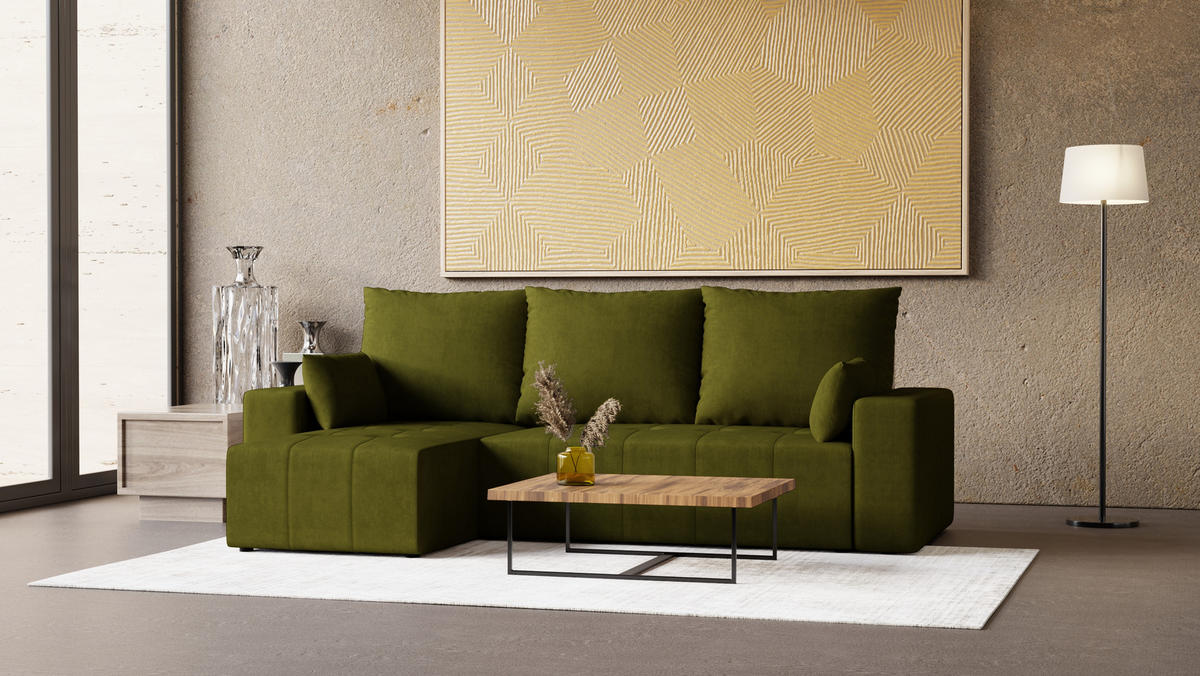 ECKSOFA Tico mit Bettkasten und Schlaffunktion, L-Form/XL-Form, Velourstoff, Universal - Olivgrün, Holzwerkstoff (246/145cm) - 4ALL HOME