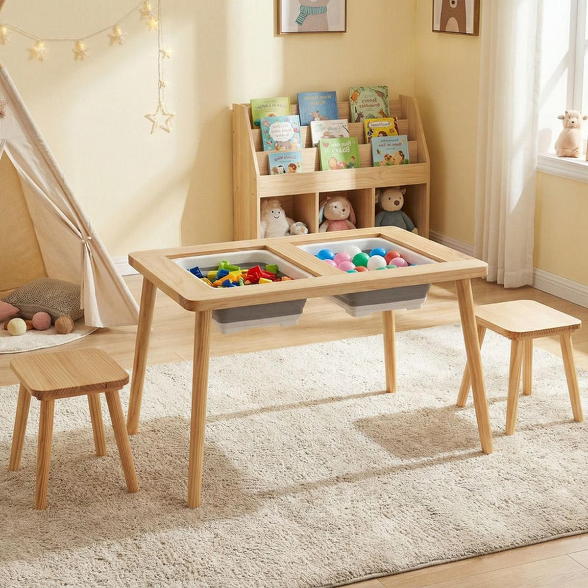 KINDERSPIELTISCH Quadrat natur(3-tlg) - Naturfarben, Holz (81/50/58cm) - COSTWAY