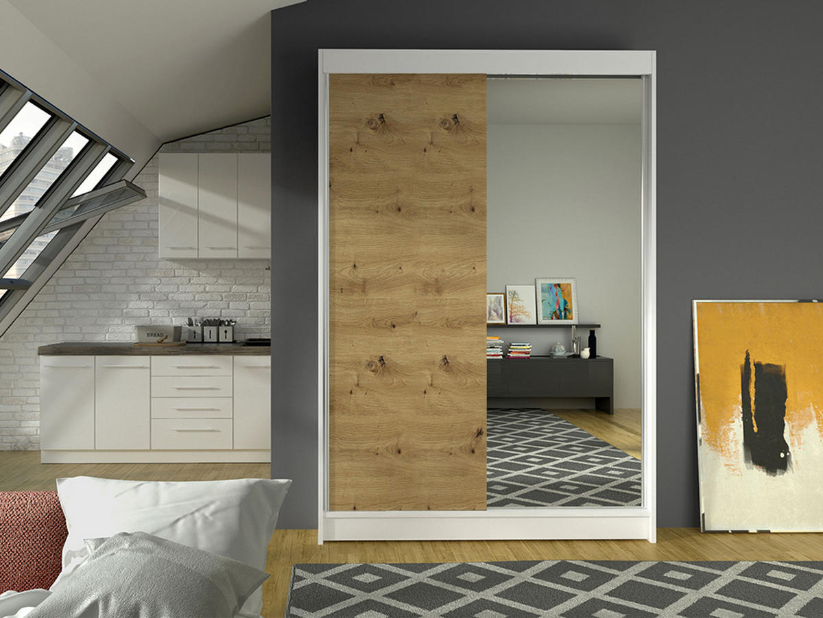 SCHWEBETÜRENSCHRANK Lino I - Weiß/Eiche Artisan, Holzwerkstoff/Metall (120/200/58cm) - MIRJAN24